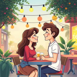 A vibrant and colorful cartoon graphic design depicting two young couples gazing into each other's eyes lovingly