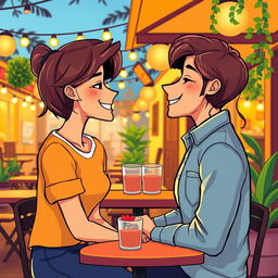 A vibrant and colorful cartoon graphic design depicting two young couples gazing into each other's eyes lovingly