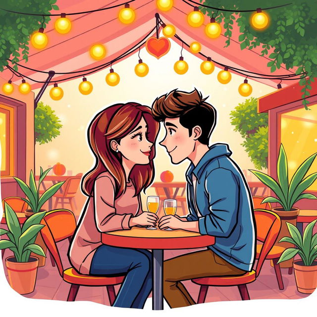 A vibrant and colorful cartoon graphic design depicting two young couples gazing into each other's eyes lovingly