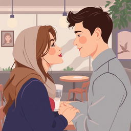 A graphic design illustration showcasing two young couples gazing into each other's eyes with deep affection