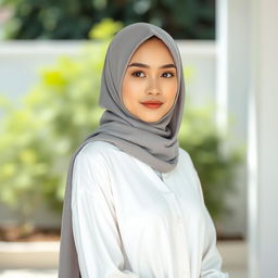 A beautiful woman wearing a stylish gray hijab that elegantly drapes around her head, paired with a long, flowing white shirt that exudes grace and sophistication
