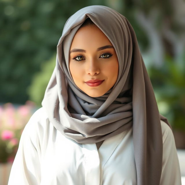 A beautiful woman wearing a stylish gray hijab that elegantly drapes around her head, paired with a long, flowing white shirt that exudes grace and sophistication