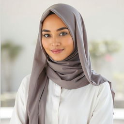 A beautiful woman wearing a stylish gray hijab that elegantly drapes around her head, paired with a long, flowing white shirt that exudes grace and sophistication