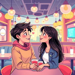 A graphic design illustration featuring two pairs of young lovers, a boy and a girl in each couple, gazing into each other's eyes with expressions of admiration and affection