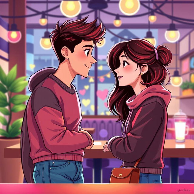 A graphic design illustration featuring two pairs of young lovers, a boy and a girl in each couple, gazing into each other's eyes with expressions of admiration and affection