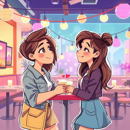A graphic design illustration featuring two pairs of young lovers, a boy and a girl in each couple, gazing into each other's eyes with expressions of admiration and affection