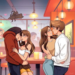 A graphic design illustration showcasing two pairs of young lovers, one boy and one girl in each couple, gazing into each other's eyes with expressions of affection and connection