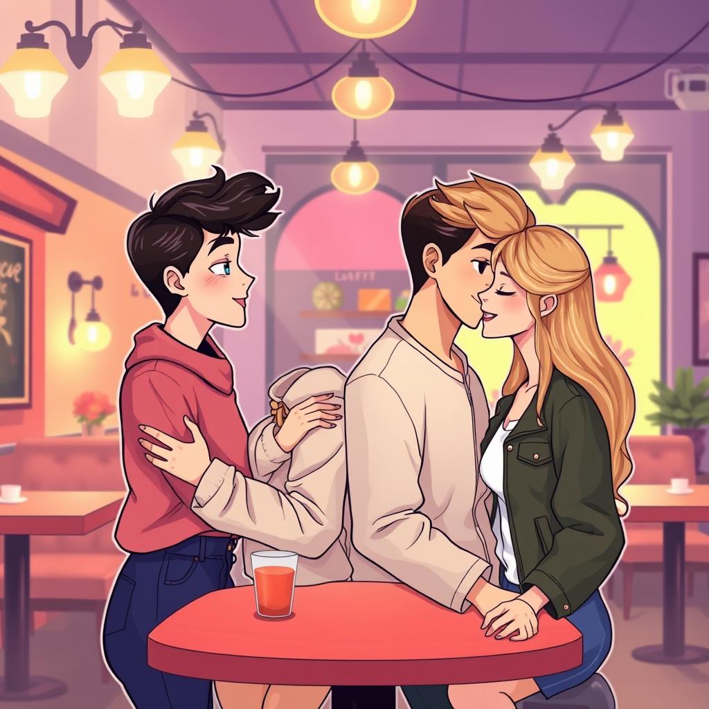 A graphic design illustration showcasing two pairs of young lovers, one boy and one girl in each couple, gazing into each other's eyes with expressions of affection and connection