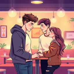 A graphic design illustration showcasing two pairs of young lovers, one boy and one girl in each couple, gazing into each other's eyes with expressions of affection and connection