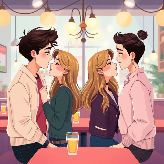 A graphic design illustration showcasing two pairs of young lovers, one boy and one girl in each couple, gazing into each other's eyes with expressions of affection and connection