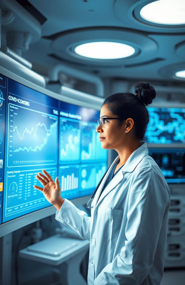 A futuristic scene depicting a doctor analyzing data on a large digital screen in a high-tech medical facility