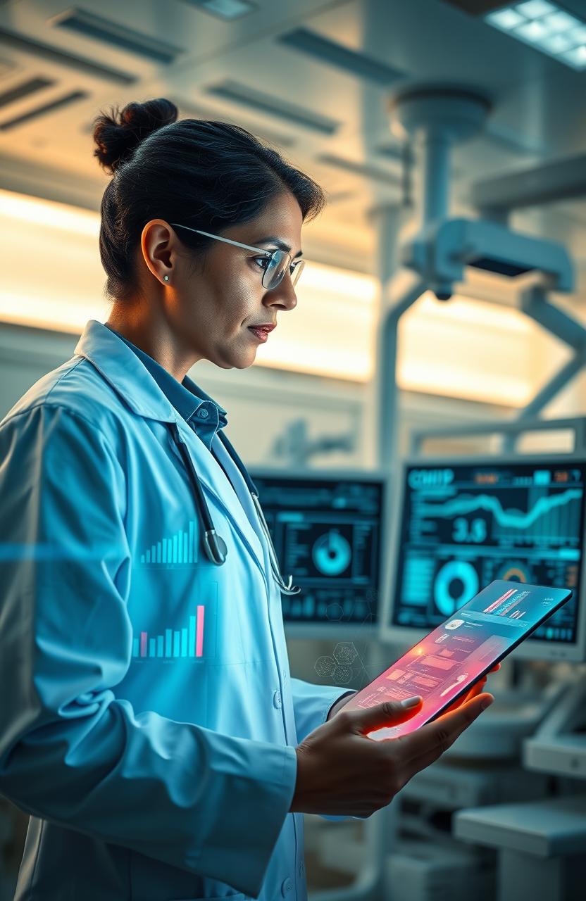 A futuristic scene depicting a doctor analyzing data on a large digital screen in a high-tech medical facility