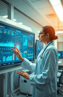 A futuristic scene depicting a doctor analyzing data on a large digital screen in a high-tech medical facility