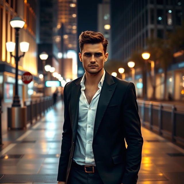 A stylish person walking down a nighttime street, wearing a sleek black blazer