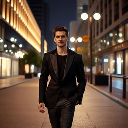 A stylish person walking down a nighttime street, wearing a sleek black blazer