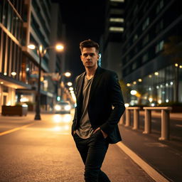 A stylish person walking down a nighttime street, wearing a sleek black blazer