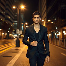 A stylish person walking down a nighttime street, wearing a sleek black blazer