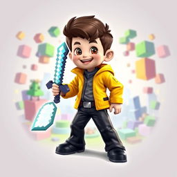 A striking 3D gaming logo featuring a young boy with a cheerful expression, clad in a vibrant yellow jacket and sleek black trousers