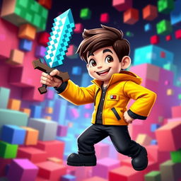 A striking 3D gaming logo featuring a young boy with a cheerful expression, clad in a vibrant yellow jacket and sleek black trousers