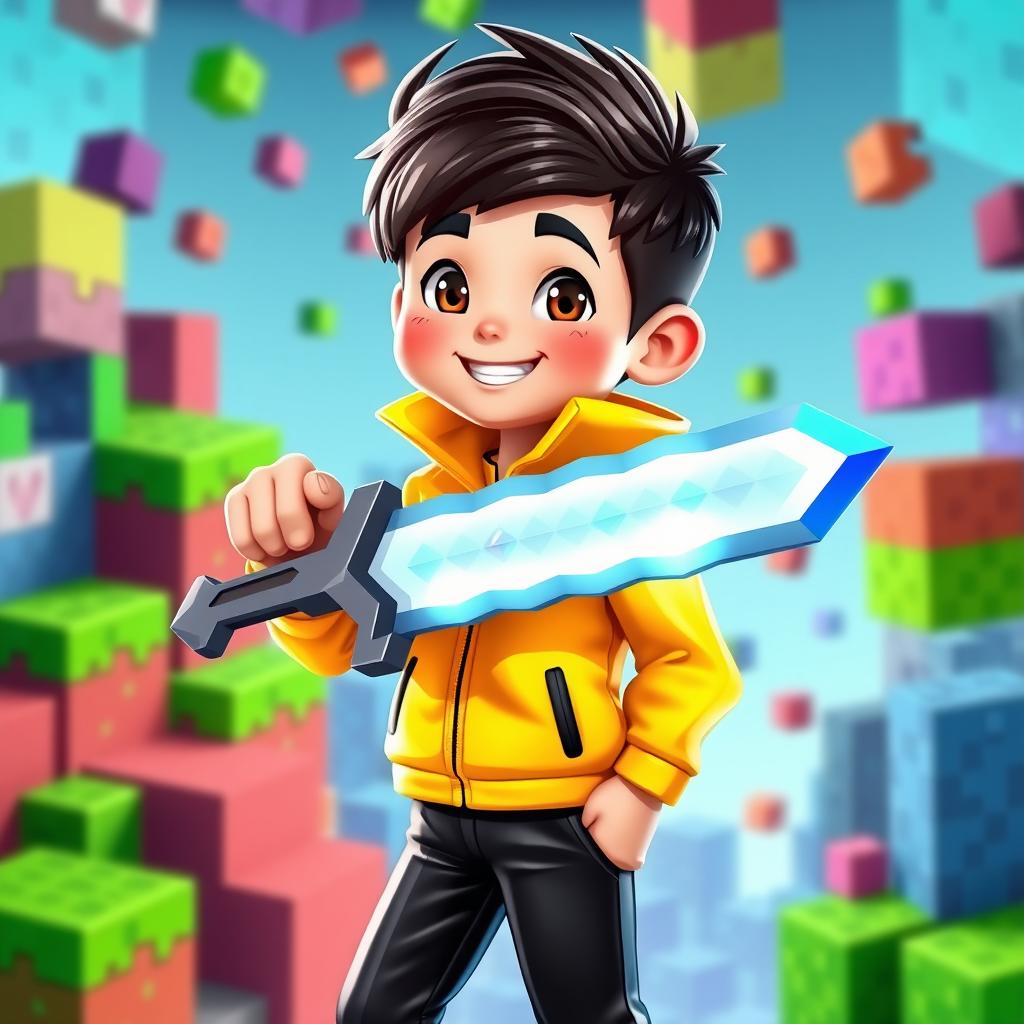 A striking 3D gaming logo featuring a young boy with a cheerful expression, clad in a vibrant yellow jacket and sleek black trousers