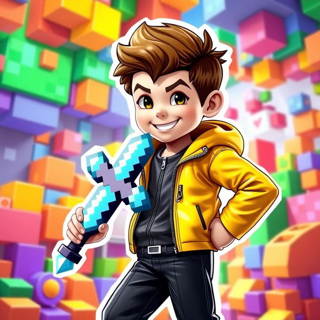 A striking 3D gaming logo featuring a young boy with a cheerful expression, clad in a vibrant yellow jacket and sleek black trousers