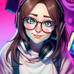 A stylish gamer girl with brunette hair and glasses, showcasing vibrant green eyes