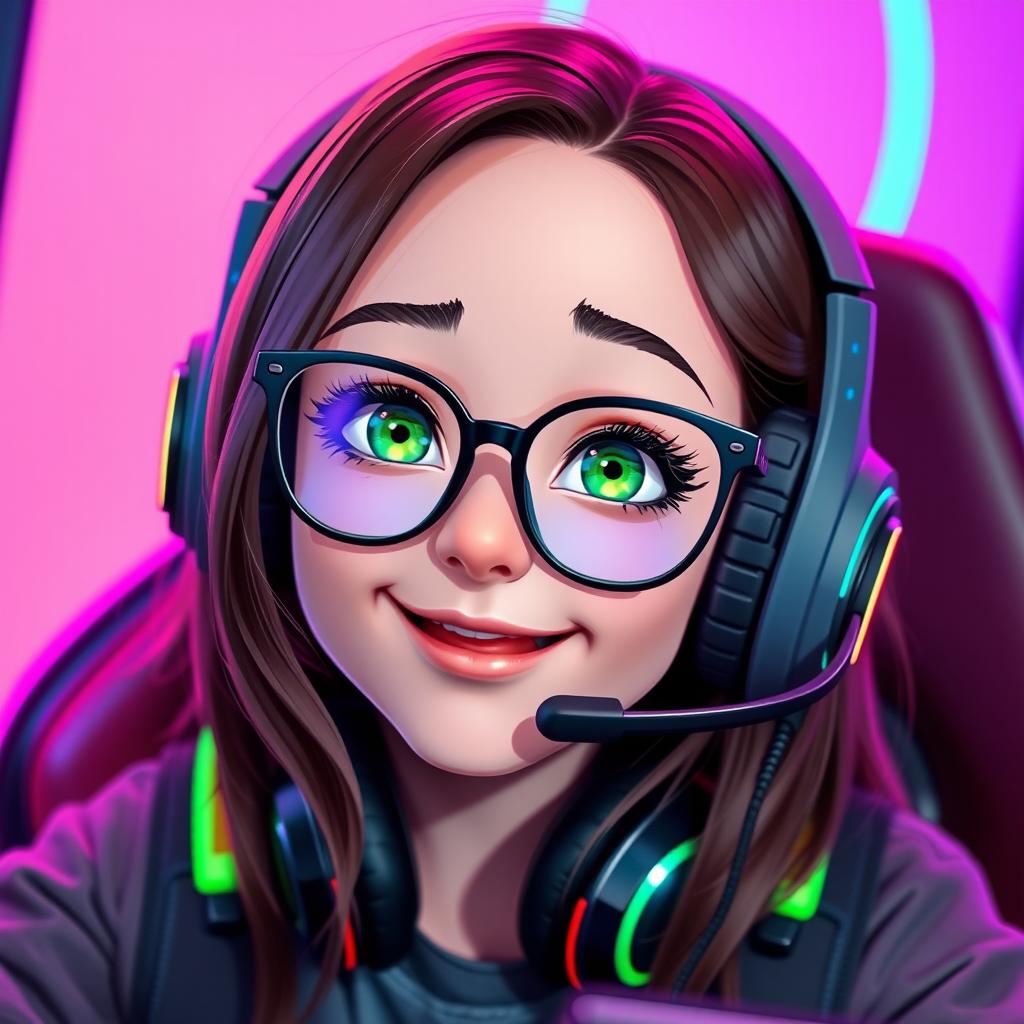 A stylish gamer girl with brunette hair and glasses, showcasing vibrant green eyes