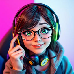 A stylish gamer girl with brunette hair and glasses, showcasing vibrant green eyes