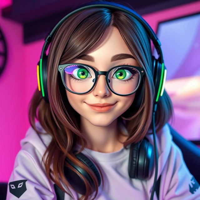 A stylish gamer girl with brunette hair and glasses, showcasing vibrant green eyes