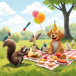 A light-hearted and humorous scene depicting a group of animals having a picnic in a park