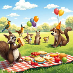 A light-hearted and humorous scene depicting a group of animals having a picnic in a park