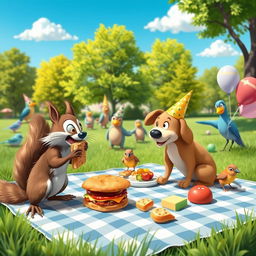 A light-hearted and humorous scene depicting a group of animals having a picnic in a park