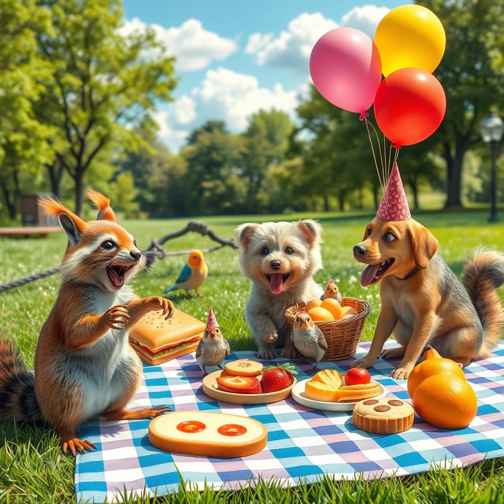 A light-hearted and humorous scene depicting a group of animals having a picnic in a park