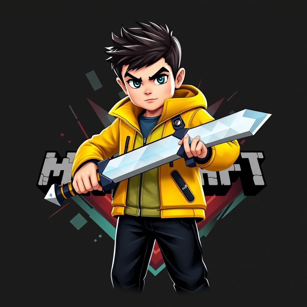 A sleek 3D gaming logo featuring a young boy with a determined expression, dressed in a bright yellow jacket and black trousers