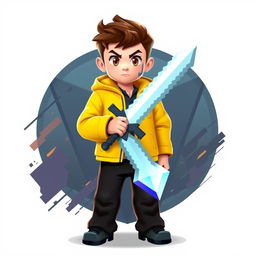 A sleek 3D gaming logo featuring a young boy with a determined expression, dressed in a bright yellow jacket and black trousers