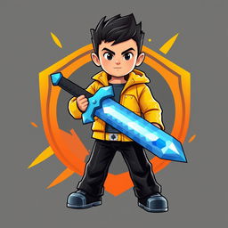 A sleek 3D gaming logo featuring a young boy with a determined expression, dressed in a bright yellow jacket and black trousers