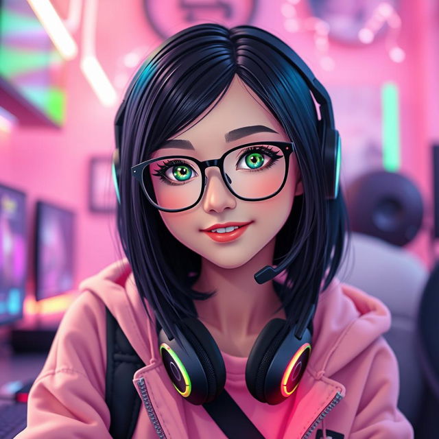 A vibrant and stylish gamer girl with sleek black hair and glasses, showcasing captivating green eyes