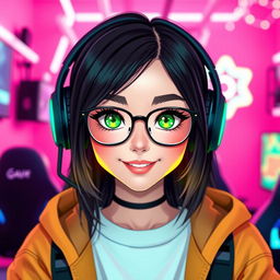 A vibrant and stylish gamer girl with sleek black hair and glasses, showcasing captivating green eyes