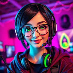 A vibrant and stylish gamer girl with sleek black hair and glasses, showcasing captivating green eyes
