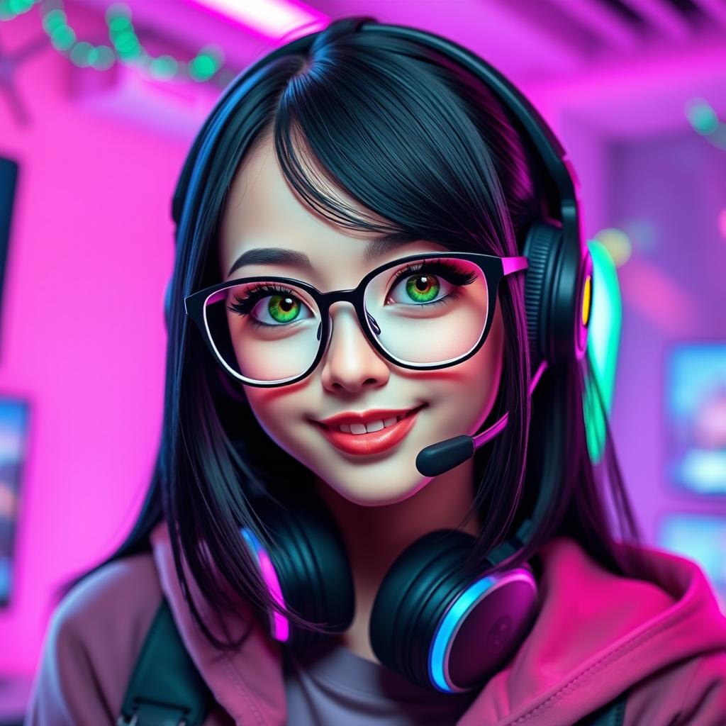 A vibrant and stylish gamer girl with sleek black hair and glasses, showcasing captivating green eyes