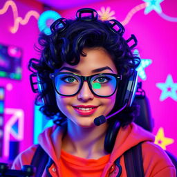A vibrant and charismatic gamer girl with curly black hair and stylish glasses, featuring striking olive green eyes that draw attention