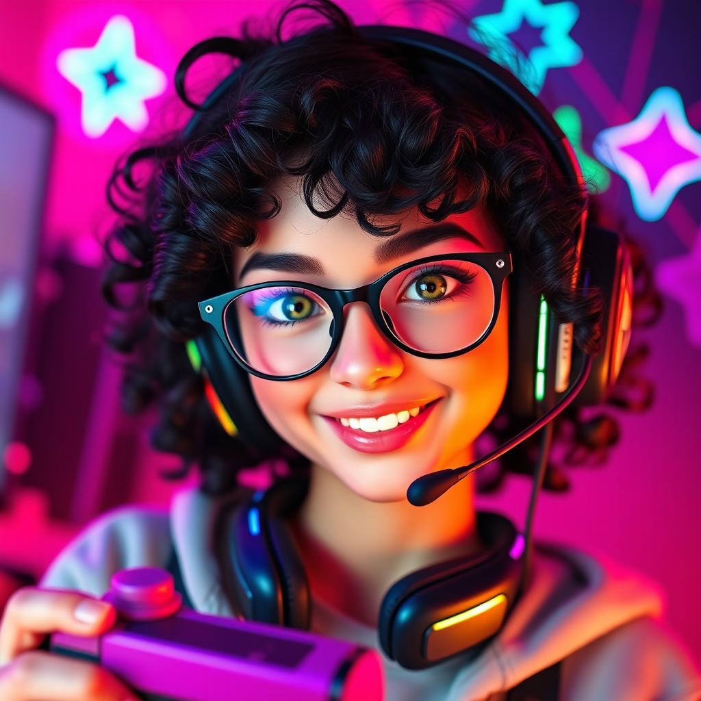 A vibrant and charismatic gamer girl with curly black hair and stylish glasses, featuring striking olive green eyes that draw attention