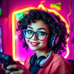 A vibrant and charismatic gamer girl with curly black hair and stylish glasses, featuring striking olive green eyes that draw attention