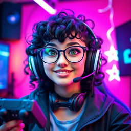 A vibrant and charismatic gamer girl with curly black hair and stylish glasses, featuring striking olive green eyes that draw attention