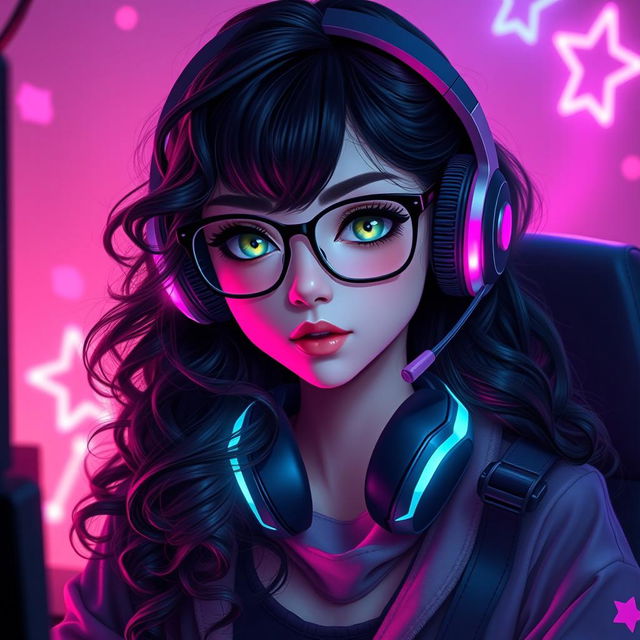 An enchanting gamer girl with long, curly black hair and stylish glasses, featuring unique olive green eyes that add to her mysterious allure