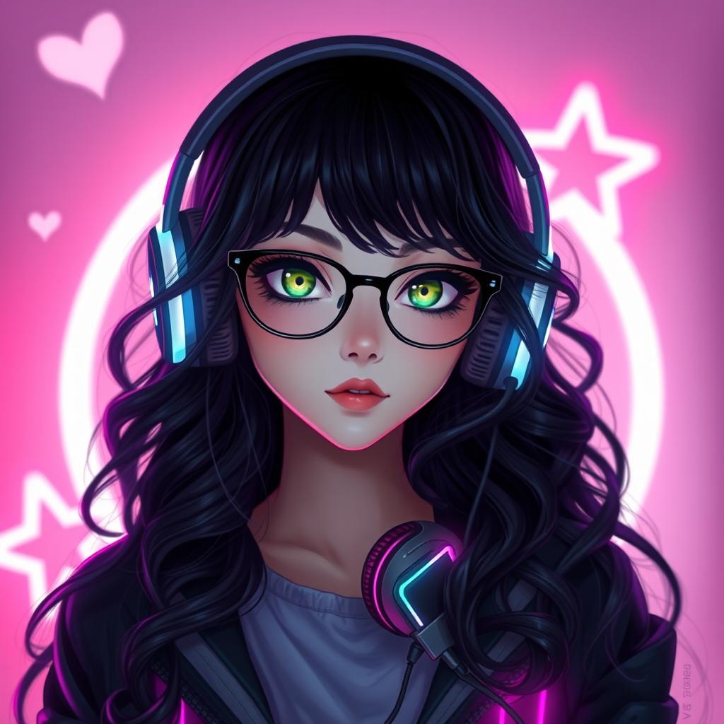 An enchanting gamer girl with long, curly black hair and stylish glasses, featuring unique olive green eyes that add to her mysterious allure