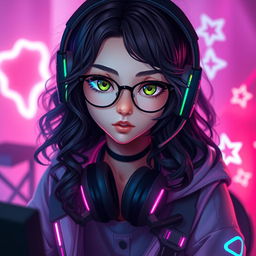 An enchanting gamer girl with long, curly black hair and stylish glasses, featuring unique olive green eyes that add to her mysterious allure
