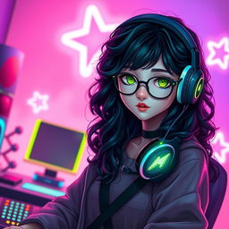 An enchanting gamer girl with long, curly black hair and stylish glasses, featuring unique olive green eyes that add to her mysterious allure