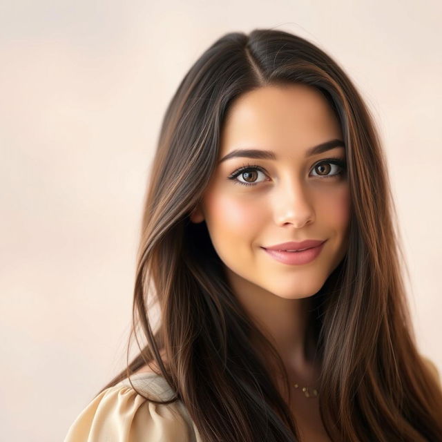 A portrait of a young woman with striking features inspired by Katherine Langford, showcasing her long, dark hair flowing elegantly over her shoulders