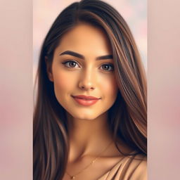 A portrait of a young woman with striking features inspired by Katherine Langford, showcasing her long, dark hair flowing elegantly over her shoulders
